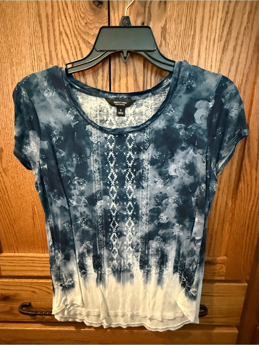 Women's Blue Tie-Dye Short Sleeve Top with Embroidered Front - Picture 3 of 7